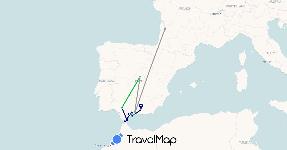 TravelMap itinerary: driving, bus, plane in Spain, France, Gibraltar (Europe)